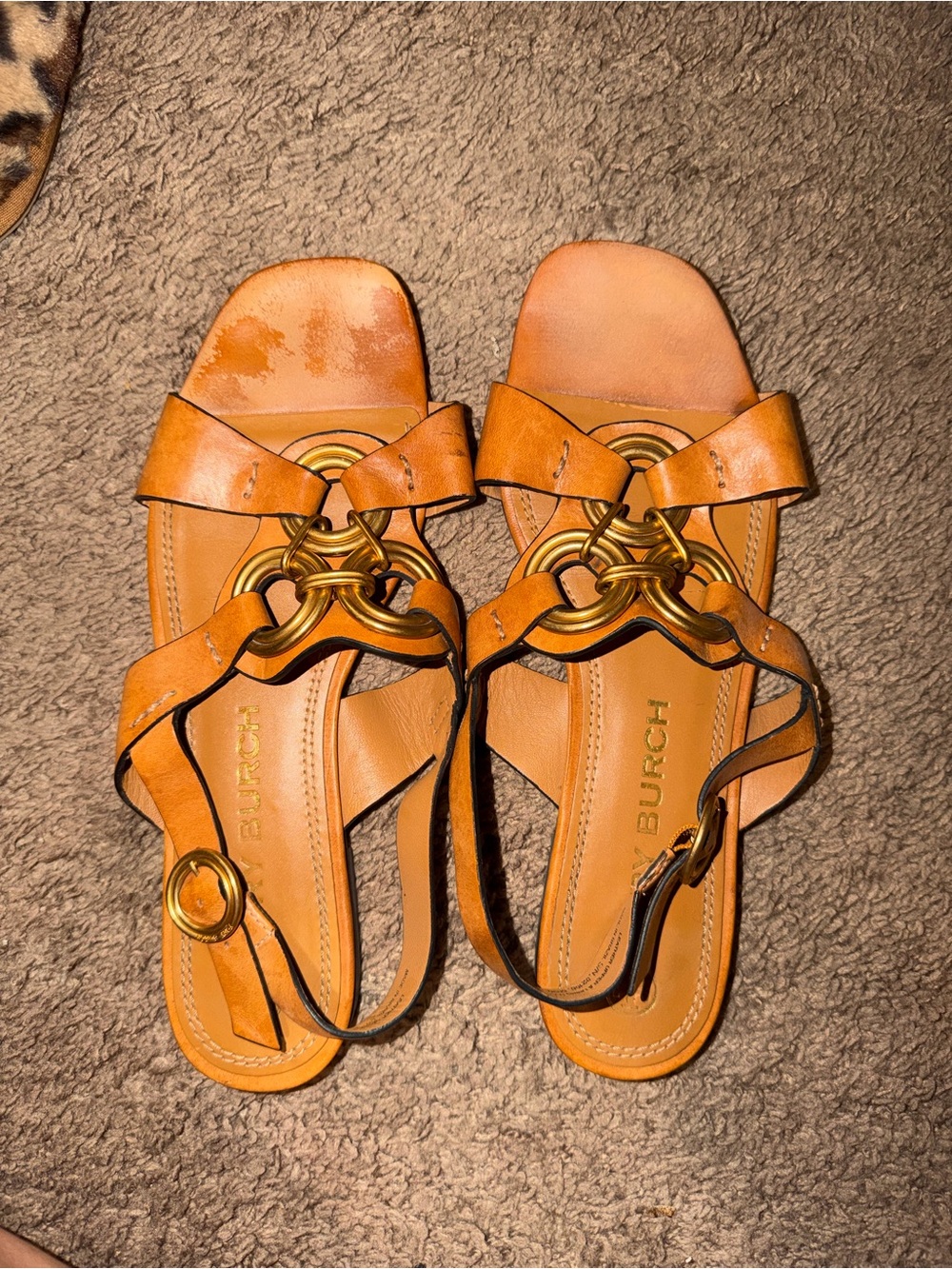 Tory Burch Cognac Leather Ring-Link Slingback Sandals